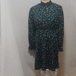 🛍️Floral Green Smocked High Neck Bishop Sleeve Sundress XXL
